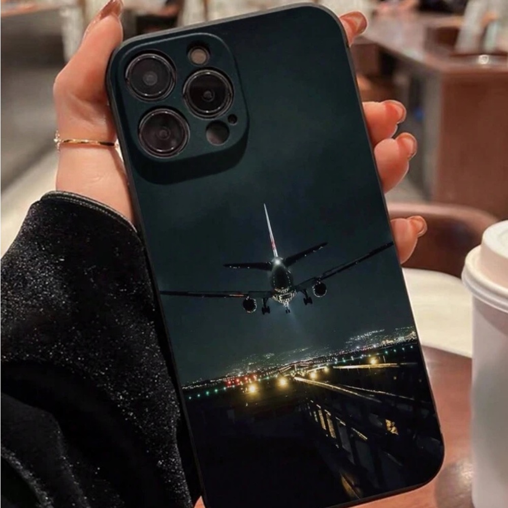 Black IPhone 13 Case with Airplane Landing Design